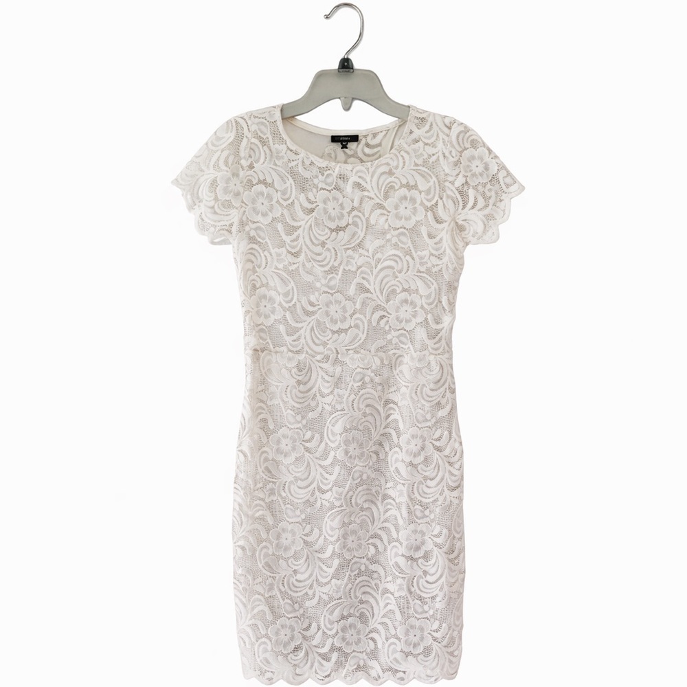 Ambiance Juniors Lace Dress Sz L Cream Scalloped Cocktail Wedding Stretch Lined